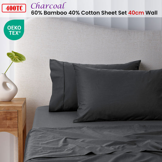 Accessorize 400TC Charcoal Bamboo Cotton Sheet Set 40cm Wall - Single