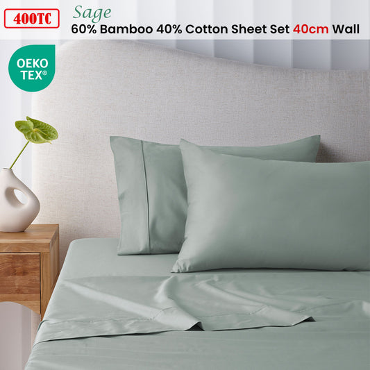 Accessorize 400TC Sage Bamboo Cotton Sheet Set 40cm Wall King Single - Hypoallergenic, Soft Finish