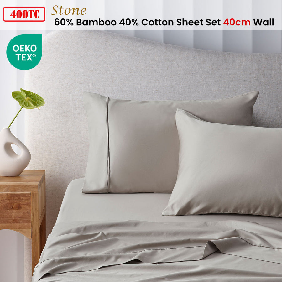 Accessorize 400TC Stone Bamboo Cotton Sheet Set 40cm Wall - Single, Hypoallergenic - SuperSaverAU - view 1