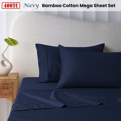 Accessorize 400TC Navy Bamboo Cotton Mega Sheet Set Queen