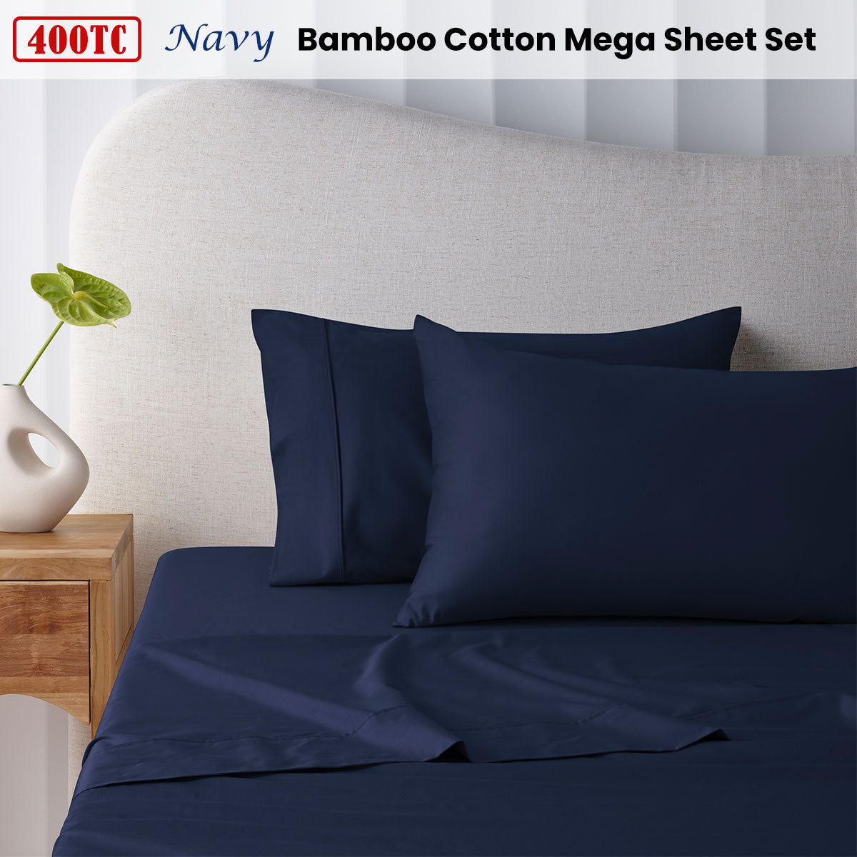 Accessorize 400TC Navy Bamboo Cotton Mega Sheet Set 50cm Wall Super King - SuperSaverAU - view 2
