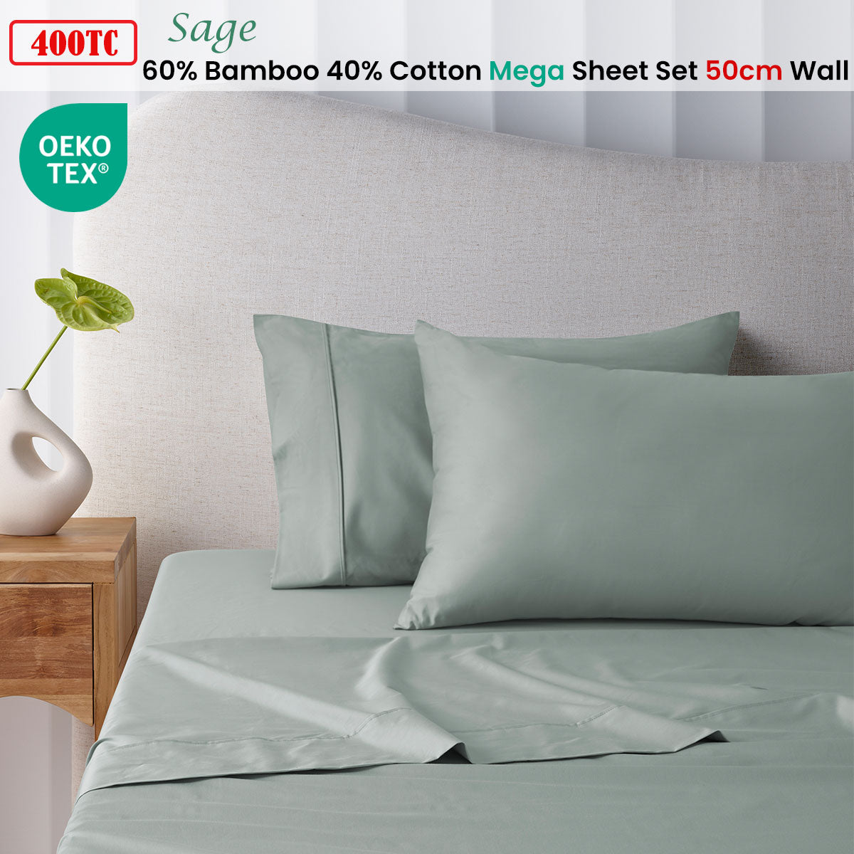 Accessorize 400TC Sage Bamboo Cotton Super King Sheet Set - Hypoallergenic, Soft Finish - SuperSaverAU - view 1