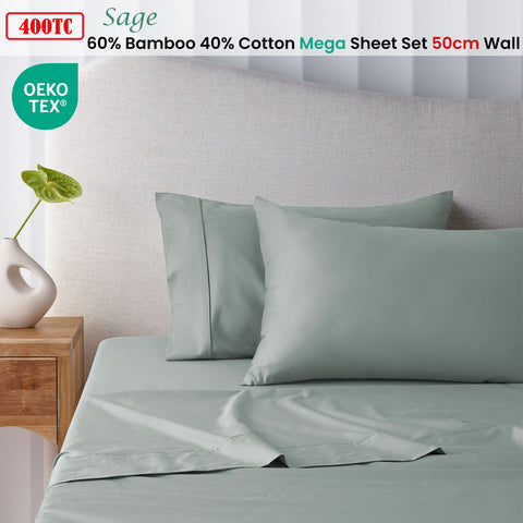Accessorize 400TC Sage Bamboo Cotton Super King Sheet Set - Hypoallergenic, Soft Finish - SuperSaverAU - view 1