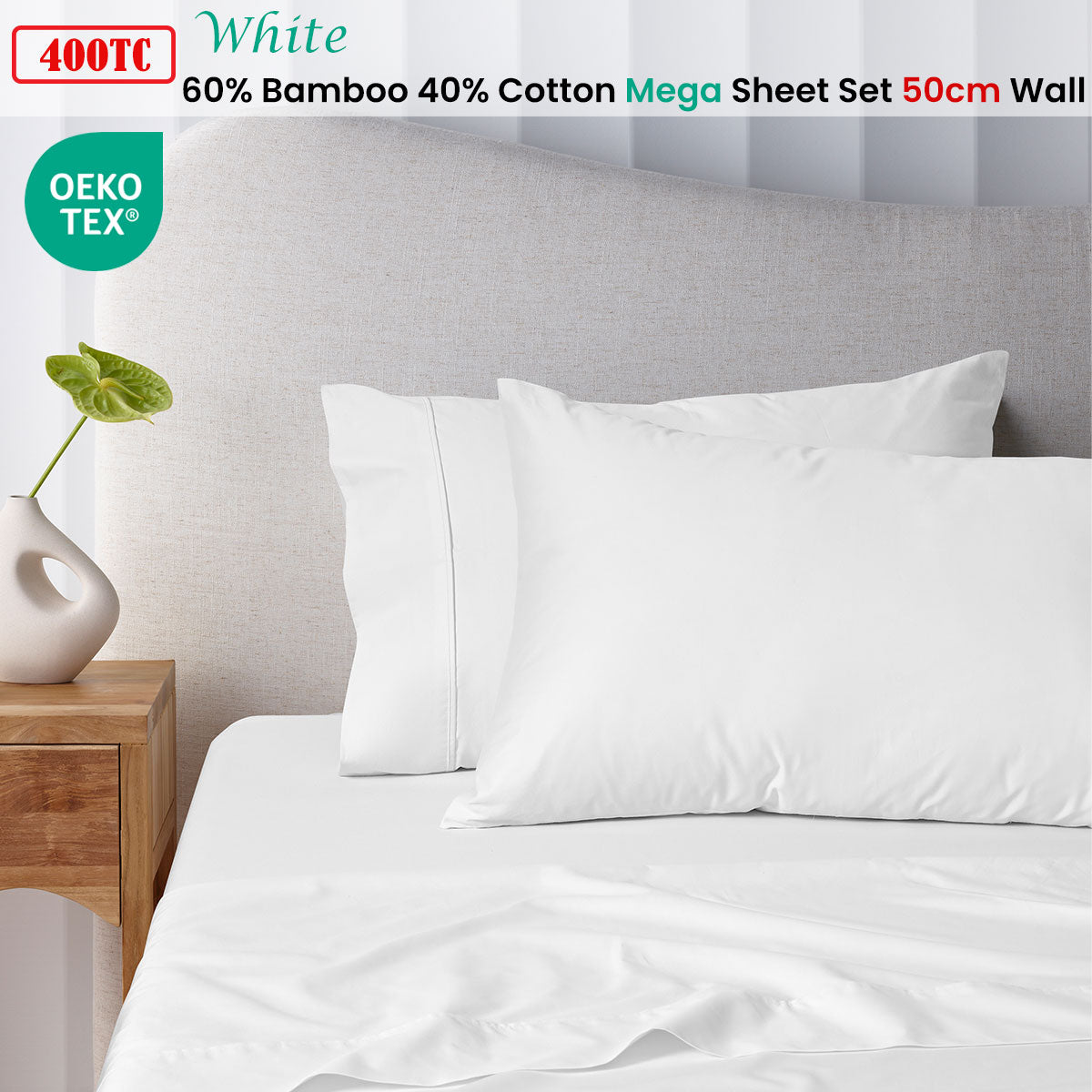 Accessorize 400TC White Bamboo Cotton Sheet Set 50cm Wall Super King