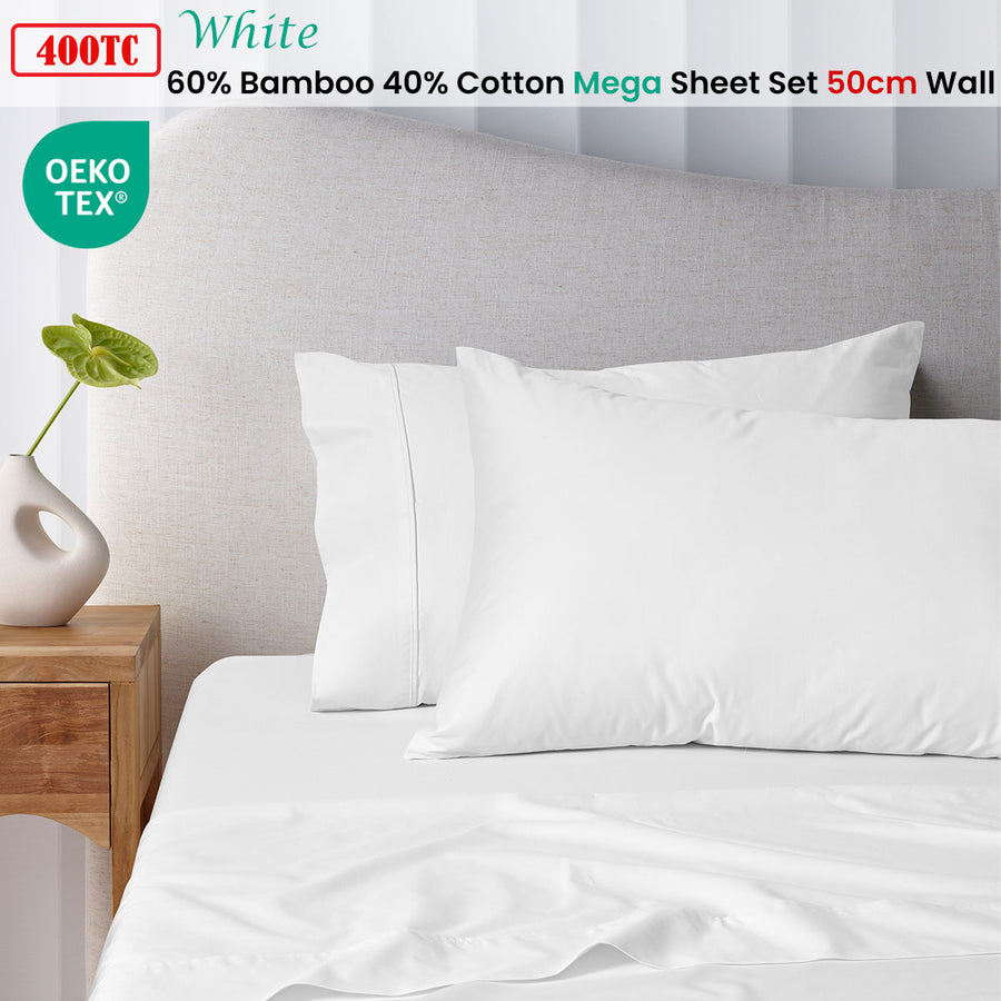 Accessorize 400TC White Bamboo Cotton Sheet Set 50cm Wall Super King - SuperSaverAU - view 1