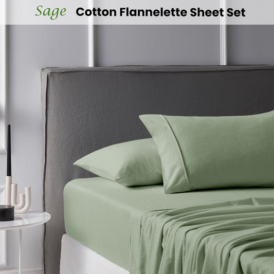 Accessorize Cotton Flannelette Sheet Set 40cm Wall Sage King - Warm & Stylish