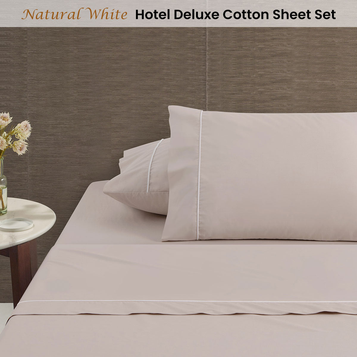 Accessorize White/Natural Piped Hotel Deluxe Cotton Sheet Set King - 100% Cotton