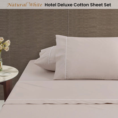 Accessorize White/Natural Piped Hotel Deluxe Cotton Sheet Set King - 100% Cotton