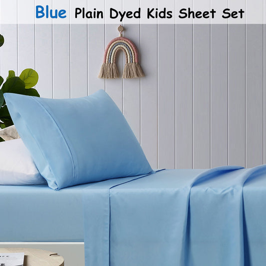 Happy Kids Blue Plain Dyed Microfibre Sheet Set King Single - Soft & Comfortable