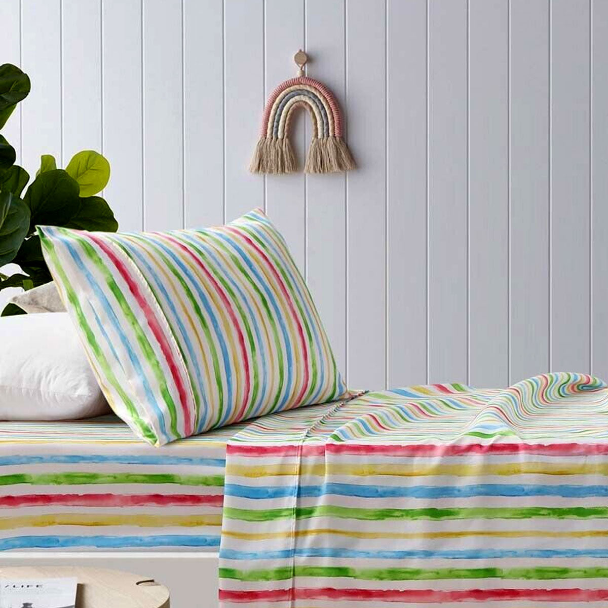 Happy Kids Multi Stripes Printed Microfibre Sheet Set Double - 180TC, Colorful Design