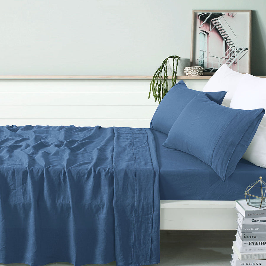 Vintage Design Homewares 100% Linen Brilliant Blue Sheet Set King - Breathable & Cozy - SuperSaverAU - view 1