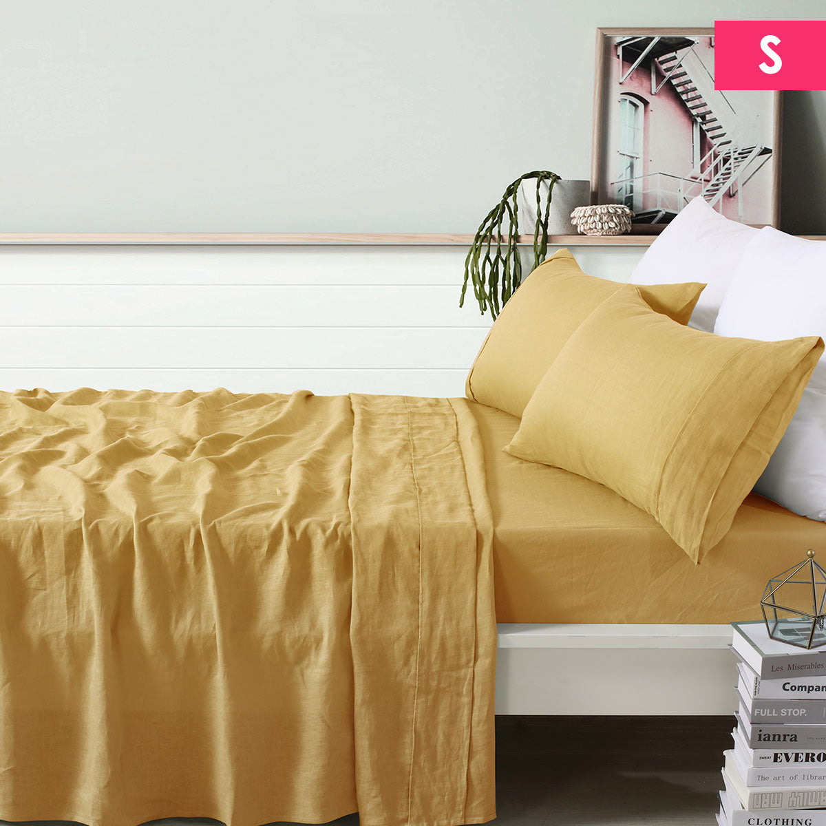 Vintage Design Homewares 100% Linen Ochre Sheet Set Single - Soft, Easy Care - SuperSaverAU - view 1