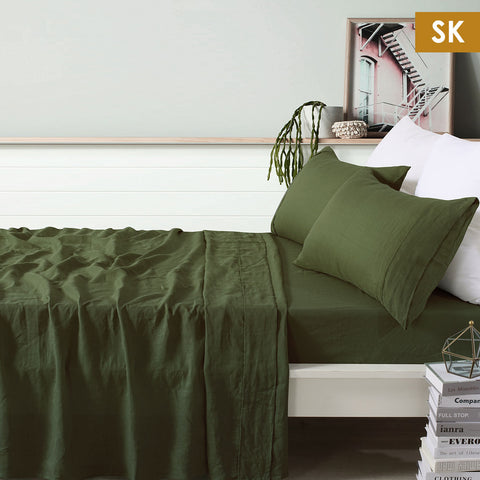 Vintage Design Homewares 100% Linen Olive Sheet Set Super King - Minimalist Solid Colour - SuperSaverAU - view 1