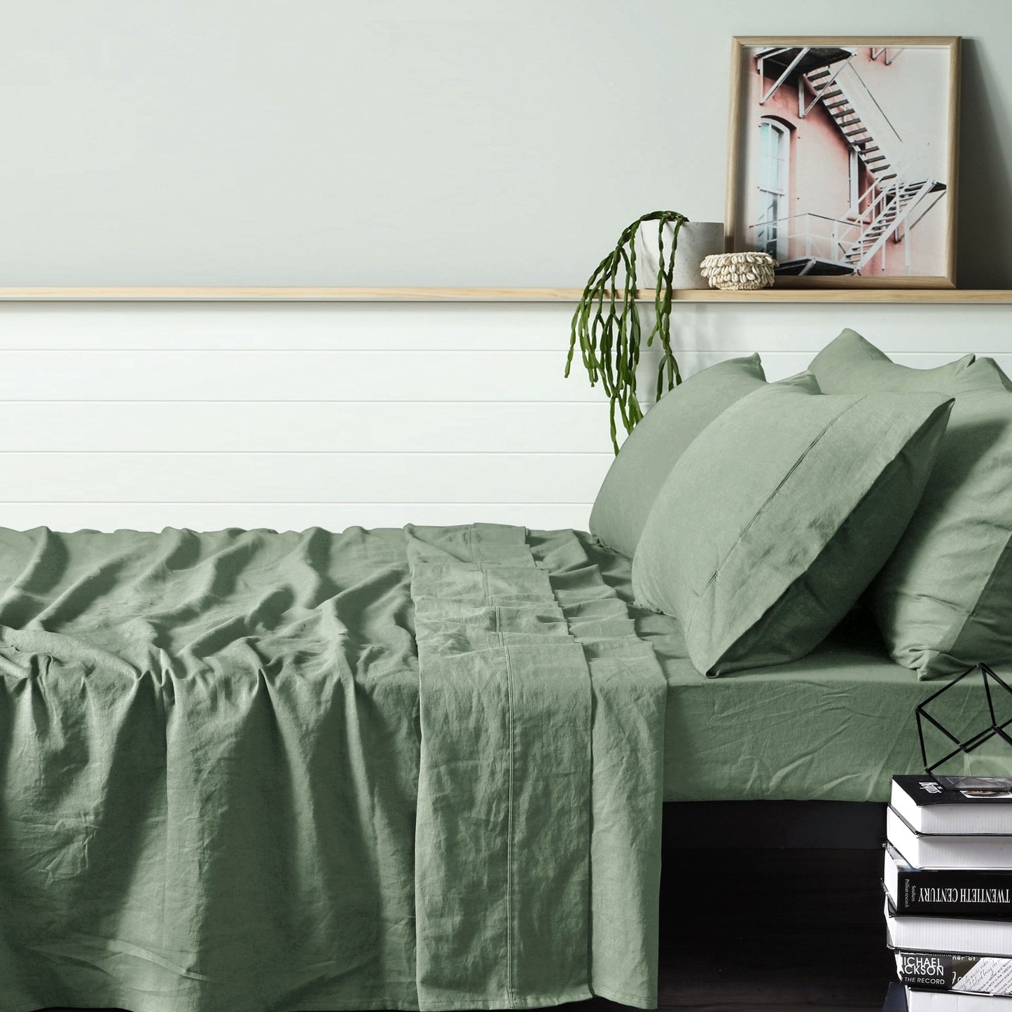 Vintage Design Homewares 100% Linen Sage Sheet Set Queen - Soft Touch, Machine Washable
