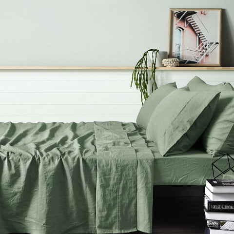 Vintage Design Homewares 100% Linen Sage Sheet Set - Single, Solid Colour Tone - SuperSaverAU - view 1