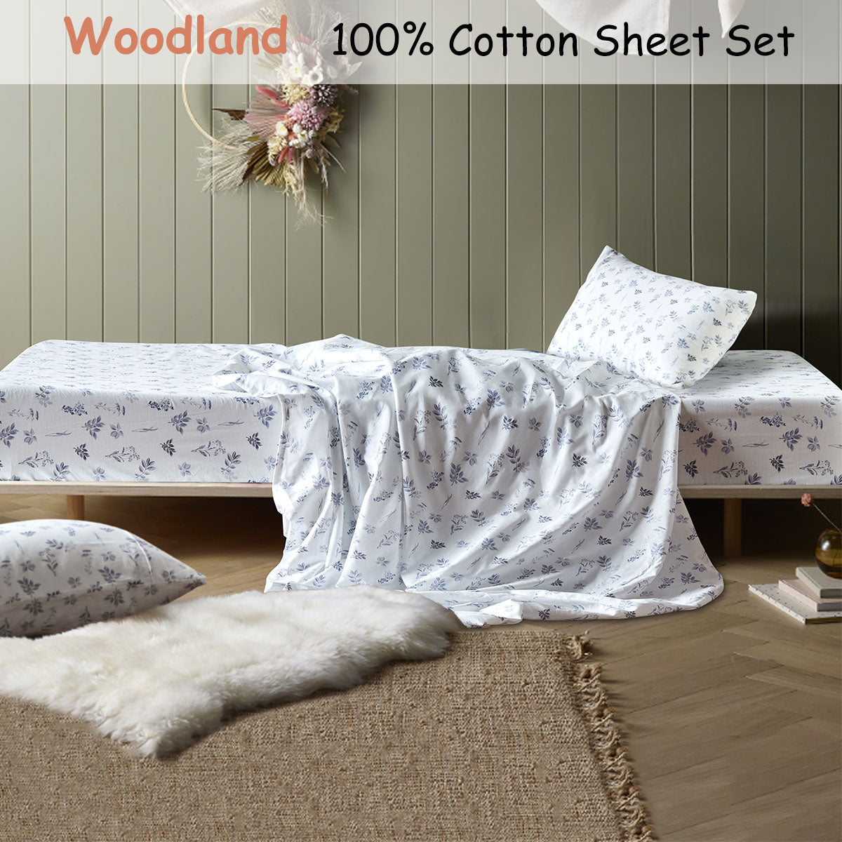 Happy Kids Woodland Cotton Sheet Set - White, Double