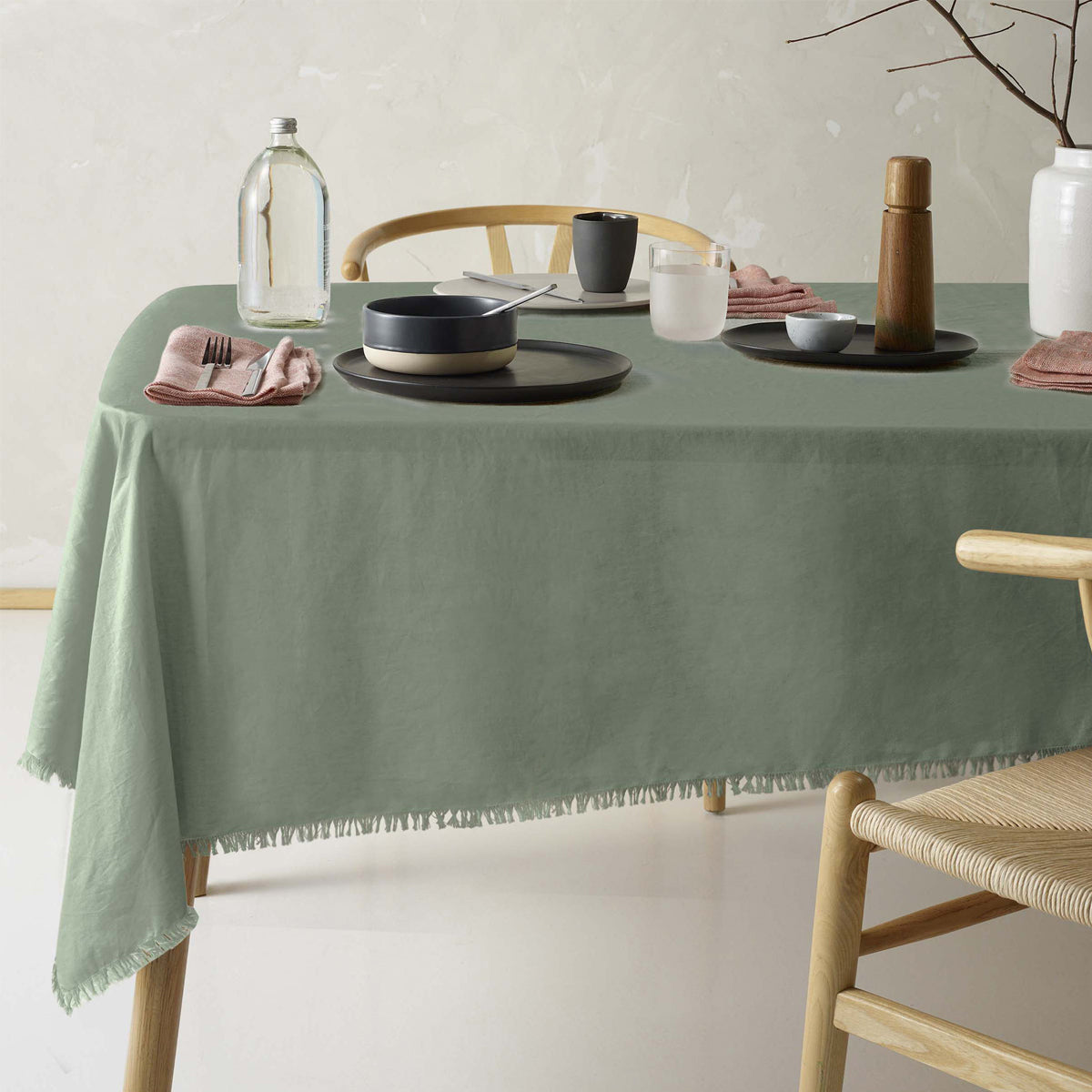 Vintage Design Homewares Gypsy Green Fringed Washed Linen Cotton Tablecloth 130cm x 180cm - SuperSaverAU - view 1