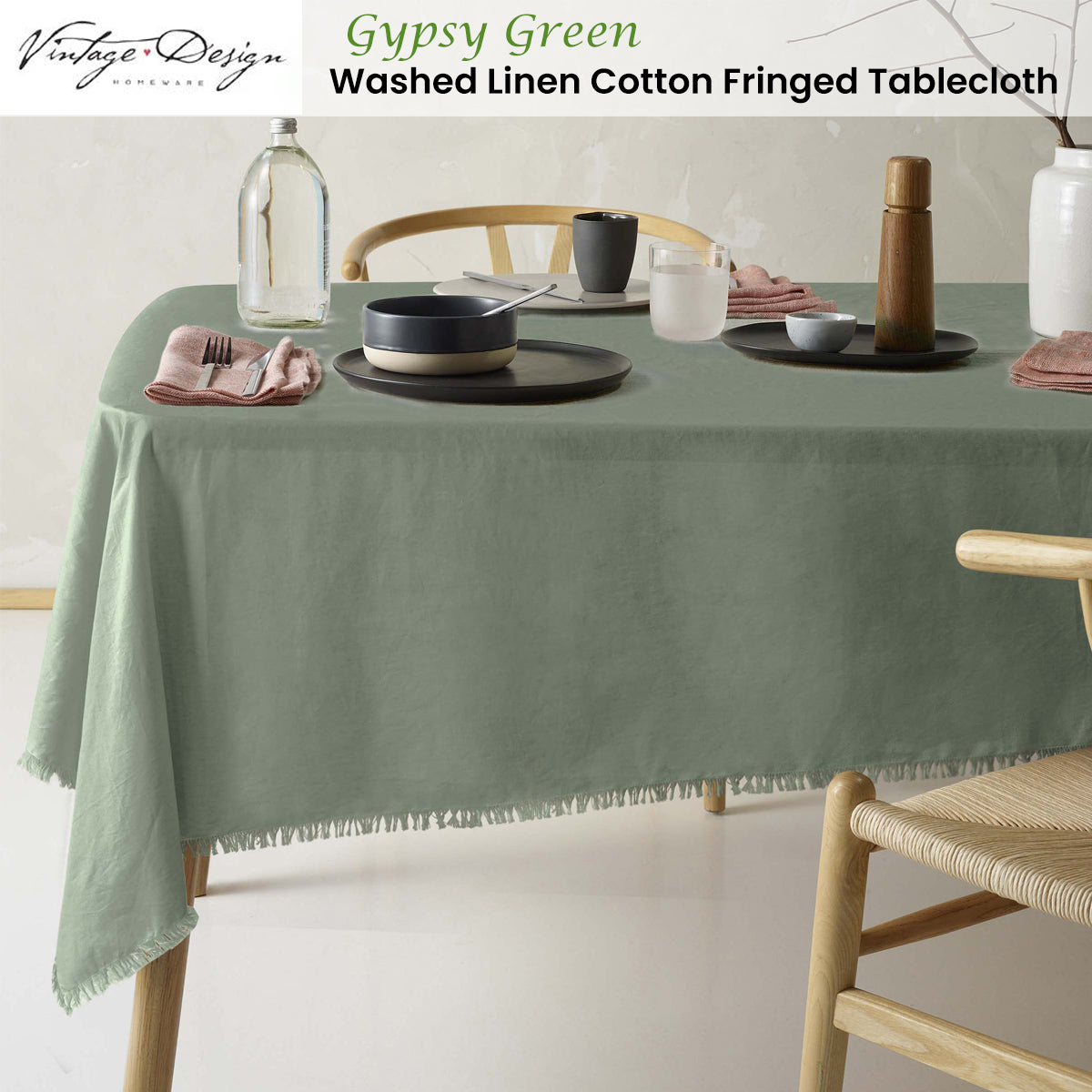 Vintage Design Homewares Gypsy Green Fringed Washed Linen Cotton Tablecloth 150cm x 275cm - SuperSaverAU - view 2