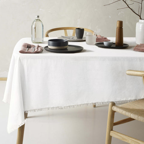 Vintage Design Homewares Gypsy White Fringed Linen Cotton Tablecloth 150cm x 300cm - SuperSaverAU - view 1