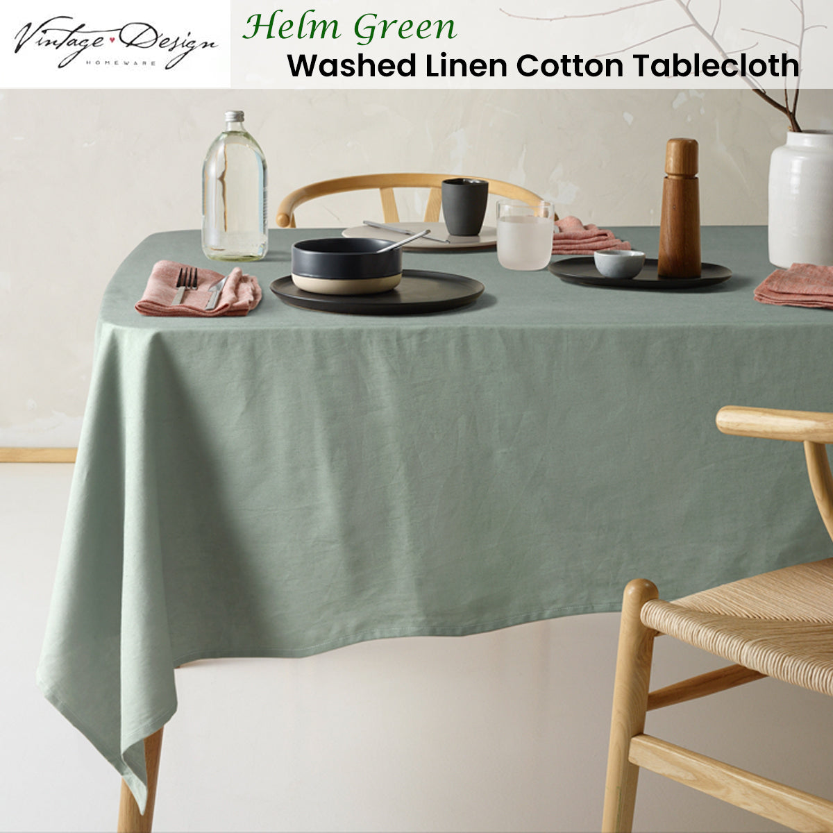 Vintage Design Homewares Helm Green Washed Linen Cotton Tablecloth 180cm x 180cm - SuperSaverAU - view 2
