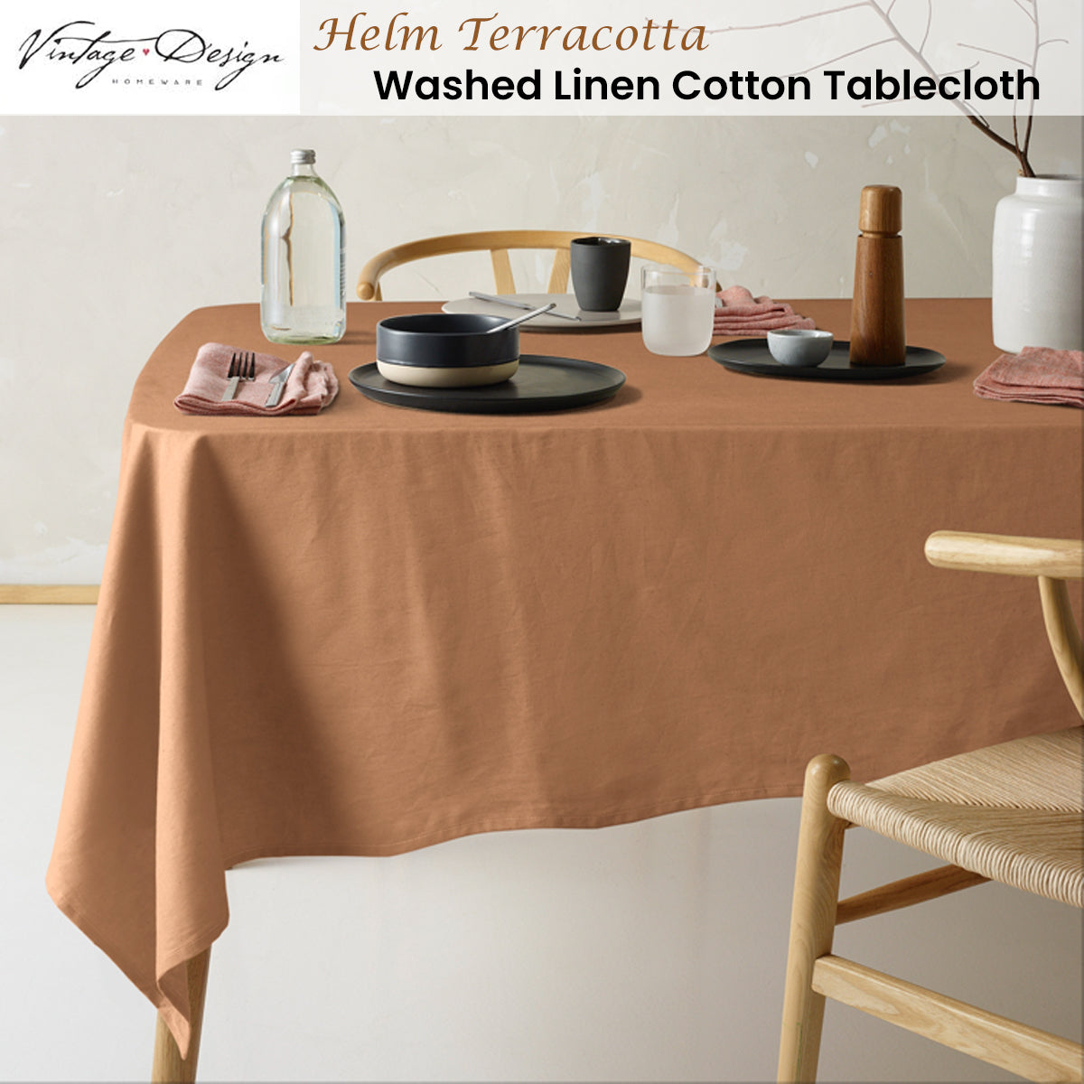 Vintage Design Homewares Helm Terracotta Washed Linen Cotton Tablecloth 130cm x 180cm - SuperSaverAU - view 2
