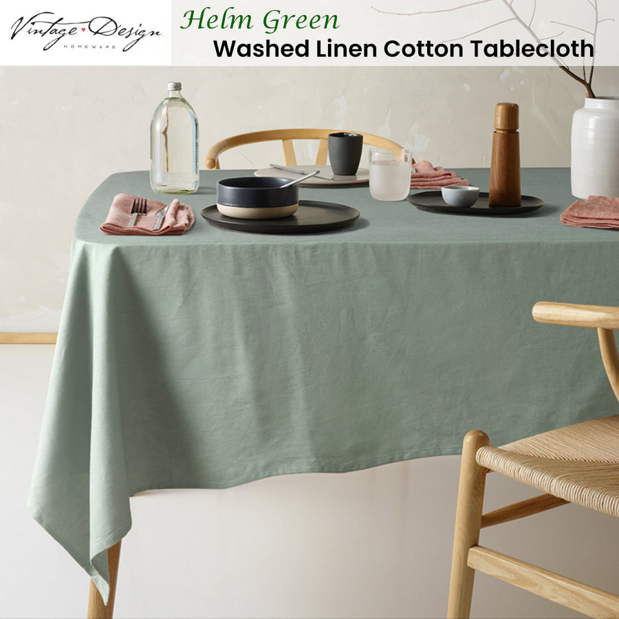 Vintage Design Homewares Helm Green Washed Linen Cotton Tablecloth 150cm x 300cm - SuperSaverAU - view 1