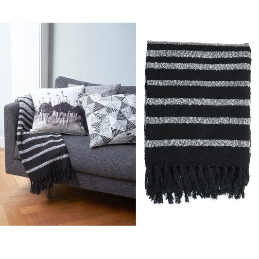 Bedding House Cotton Fringe Throw Rug 130 x 170 cm Knitted Design Black Grey