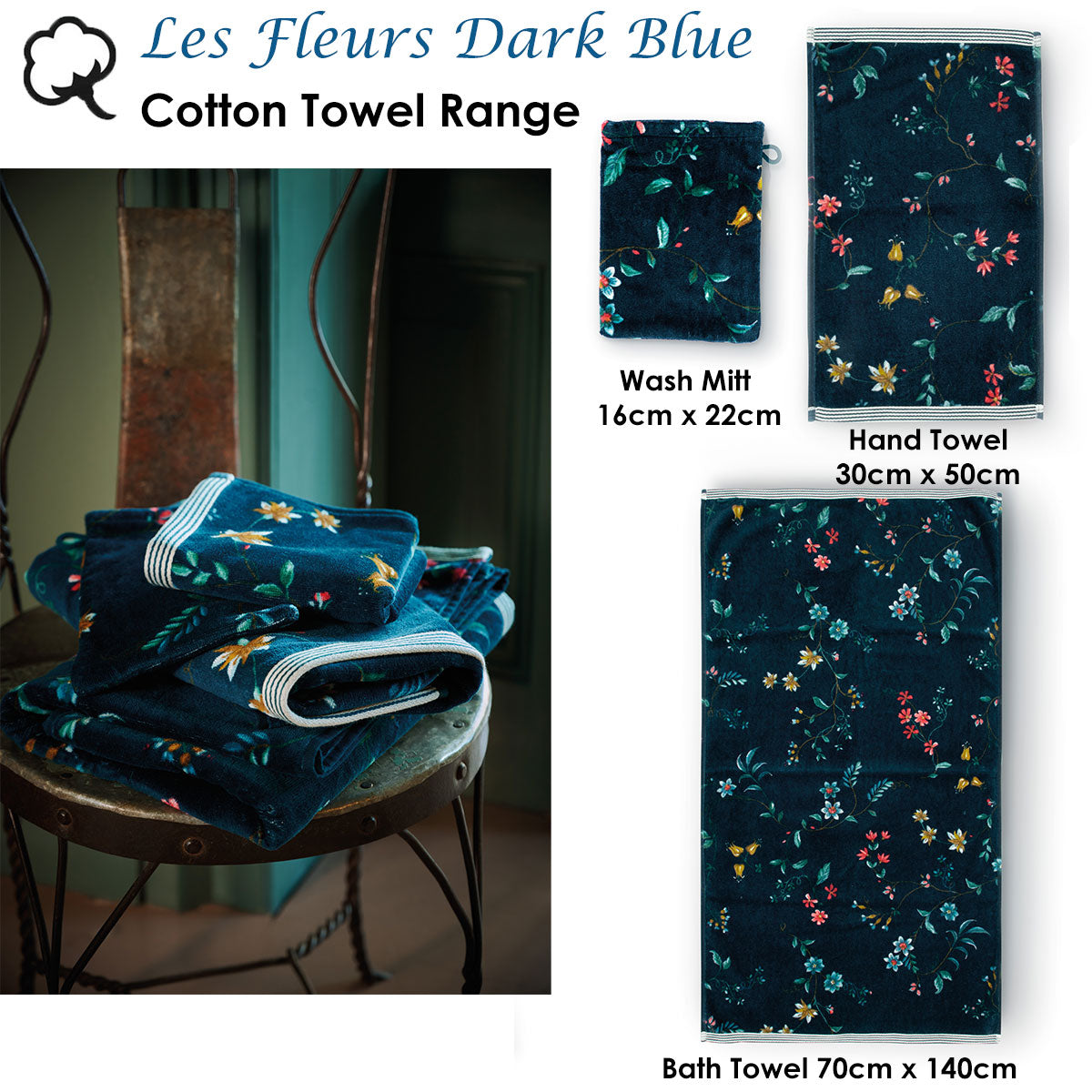 PIP Studio Les Fleurs Dark Blue Wash Mitt 16cm x 22cm Floral Print 500GSM - SuperSaverAU - view 2