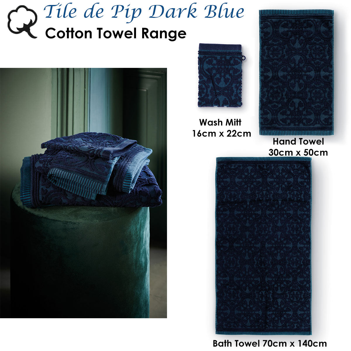 PIP Studio Tile de Pip Dark Blue Wash Mitt 16cm x 22cm, 500GSM, Quick-Drying - SuperSaverAU - view 2