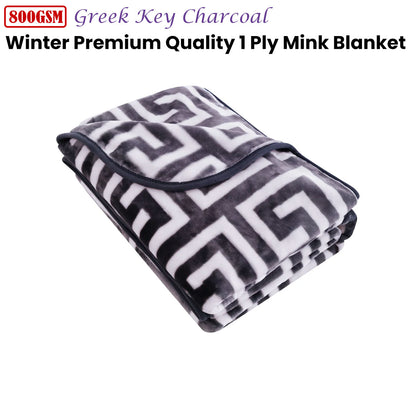 Bloomington 800GSM Greek Key Charcoal Winter Mink Blanket King - 1 Ply