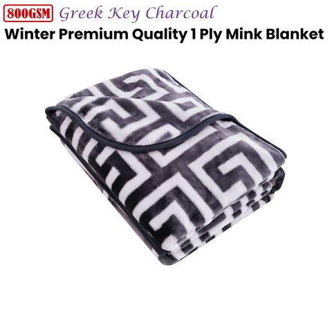 Bloomington 800GSM Greek Key Charcoal Winter Mink Blanket King - 1 Ply - SuperSaverAU - view 1