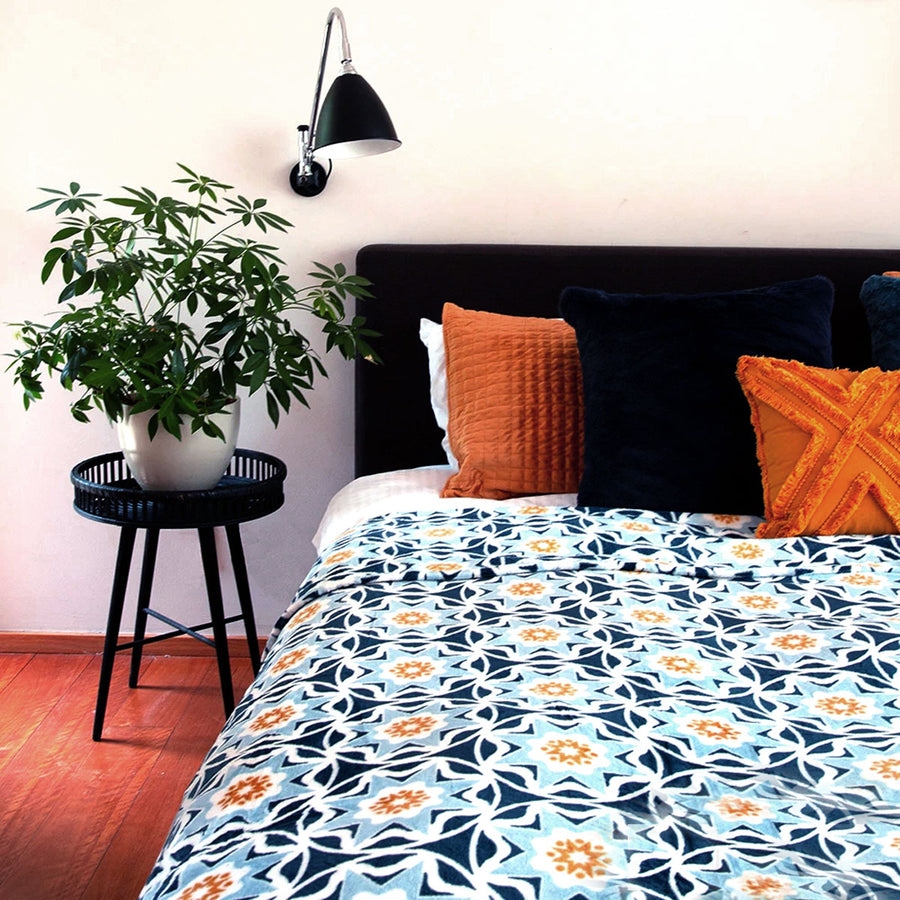 J.Elliot Oriana Flannel Blanket 240x260cm Geometric Print Blue Multi - SuperSaverAU - view 1