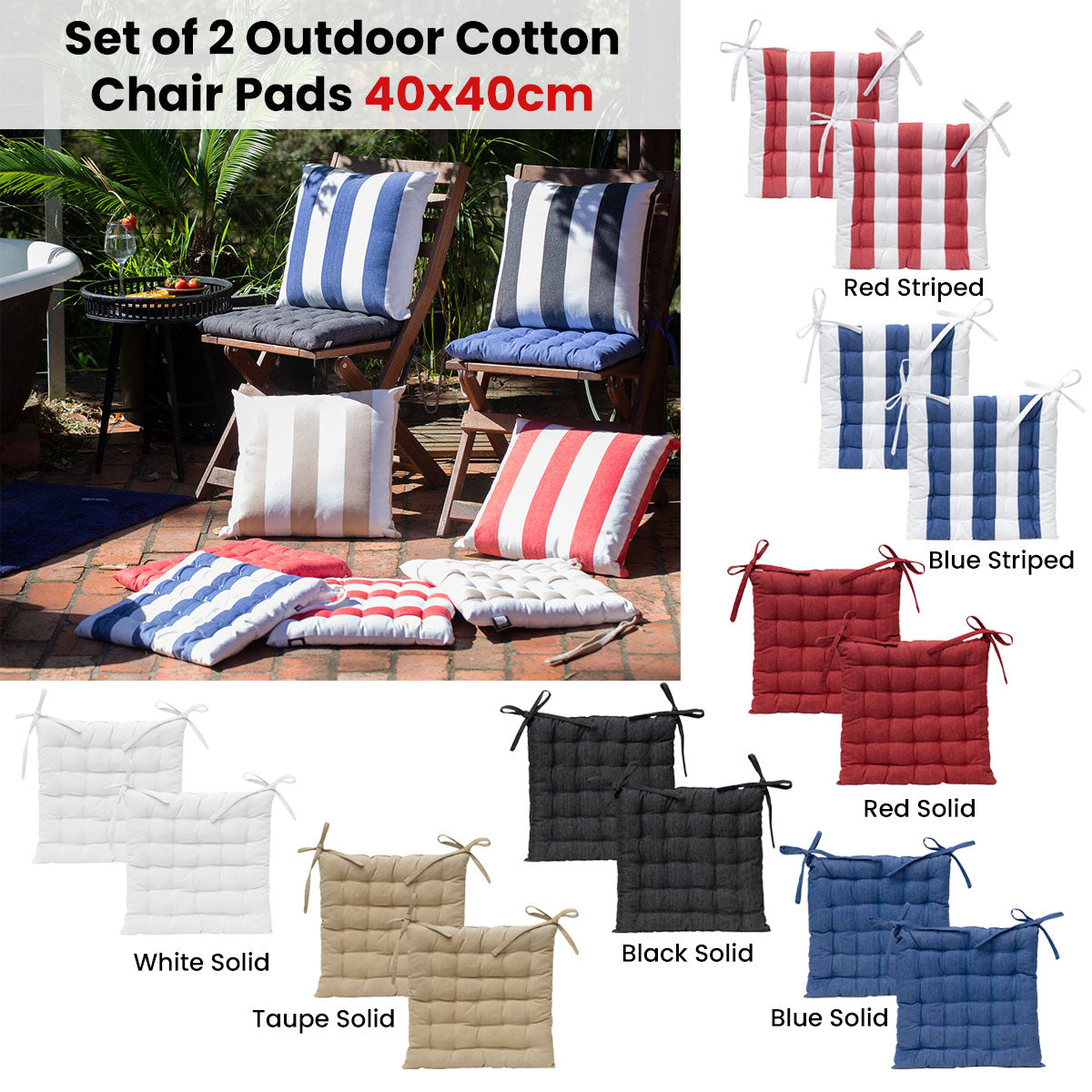 J Elliot Home Outdoor Cotton Chair Pads - Solid Blue, 2 Pack
