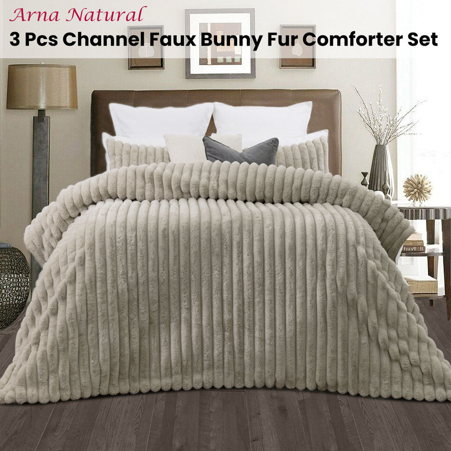 Jane Barrington Arna Natural 3 Pcs Channel Faux Bunny Fur Comforter Set Queen - SuperSaverAU - view 1