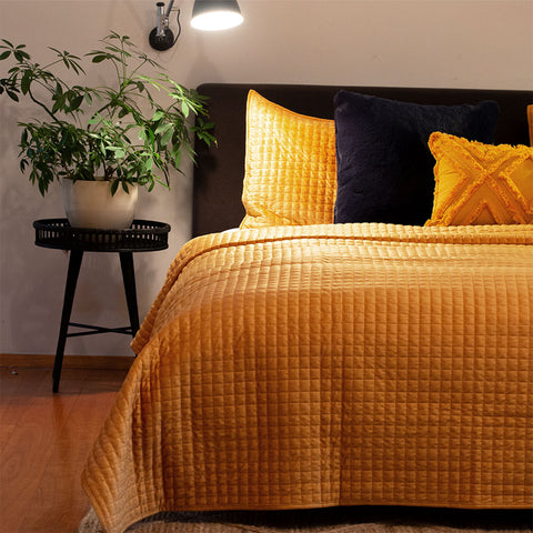 J Elliot Home Adela Mustard Velvet Quilted Coverlet Set Queen/King - Geometric Design - SuperSaverAU - view 1