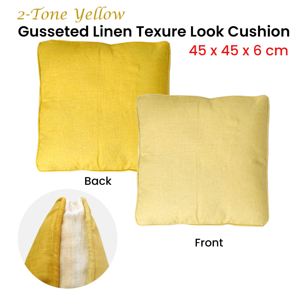 2-Tone Yellow Gusseted Linen Texture Look Cushion 45 x 45 x 6 cm - SuperSaverAU - view 2