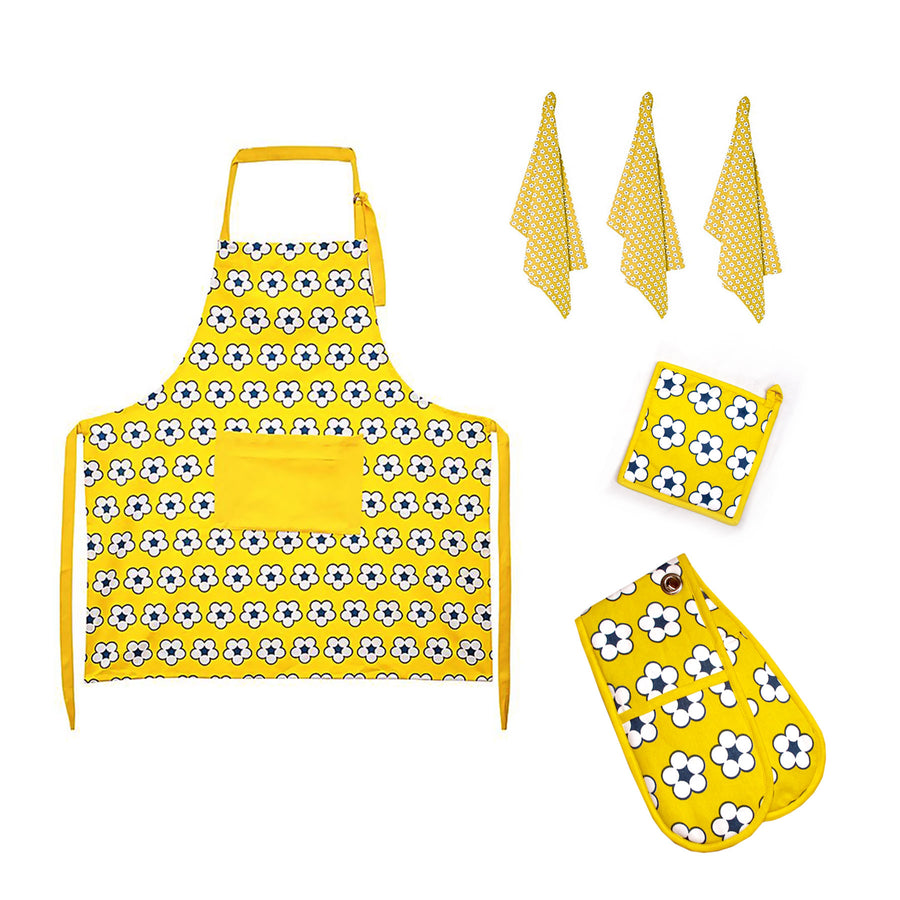 IDC Homewares 6 Pce Cotton Kitchen Set Yellow - Floral Print, 100% Cotton - SuperSaverAU - view 1