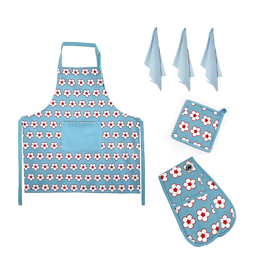 IDC Homewares 6 Pce Cotton Kitchen Set Blue - Floral Print, 100% Cotton, Machine Washable - SuperSaverAU - view 1