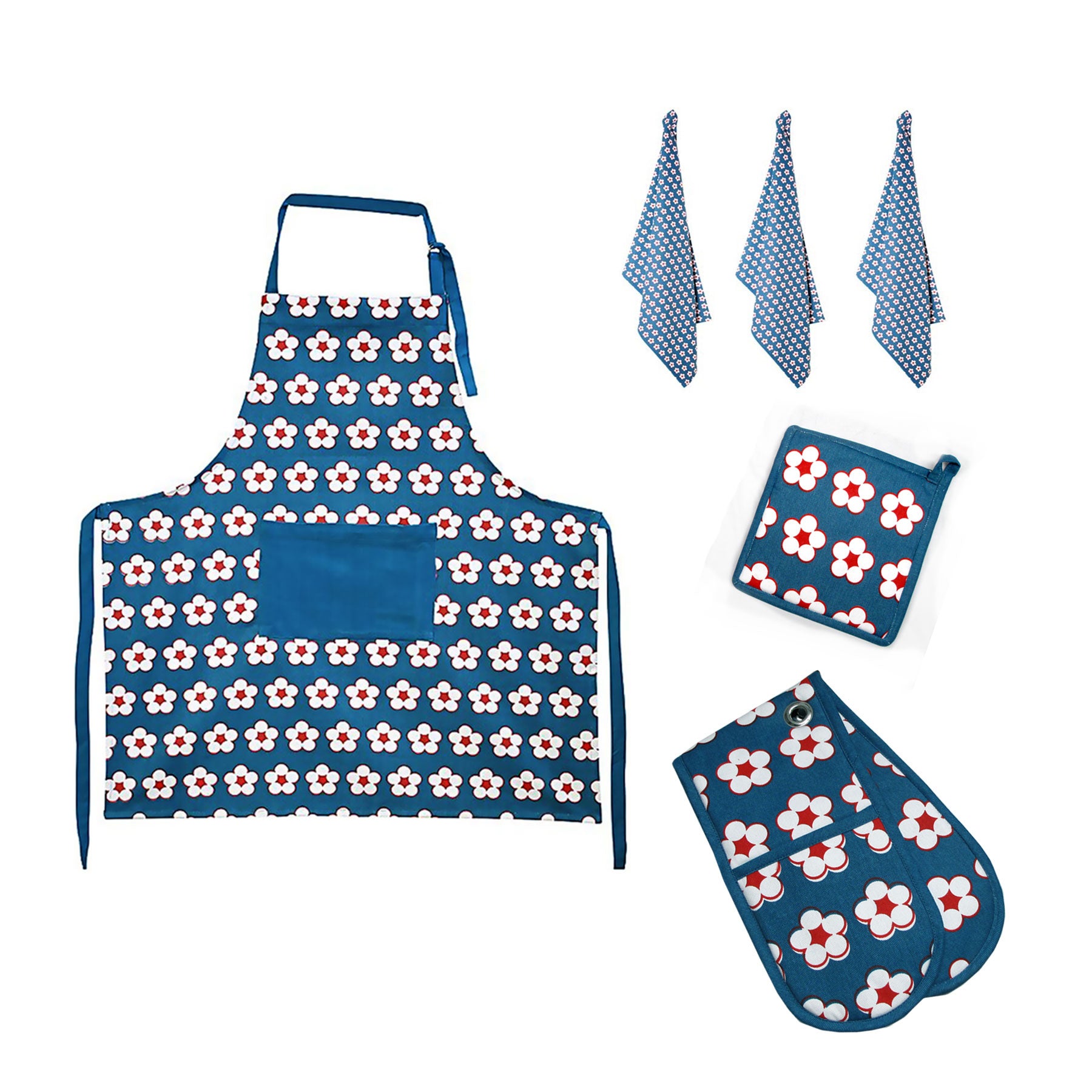 IDC Homewares 6 Pce Cotton Kitchen Set Navy - Floral Print, 100% Cotton - SuperSaverAU - view 1