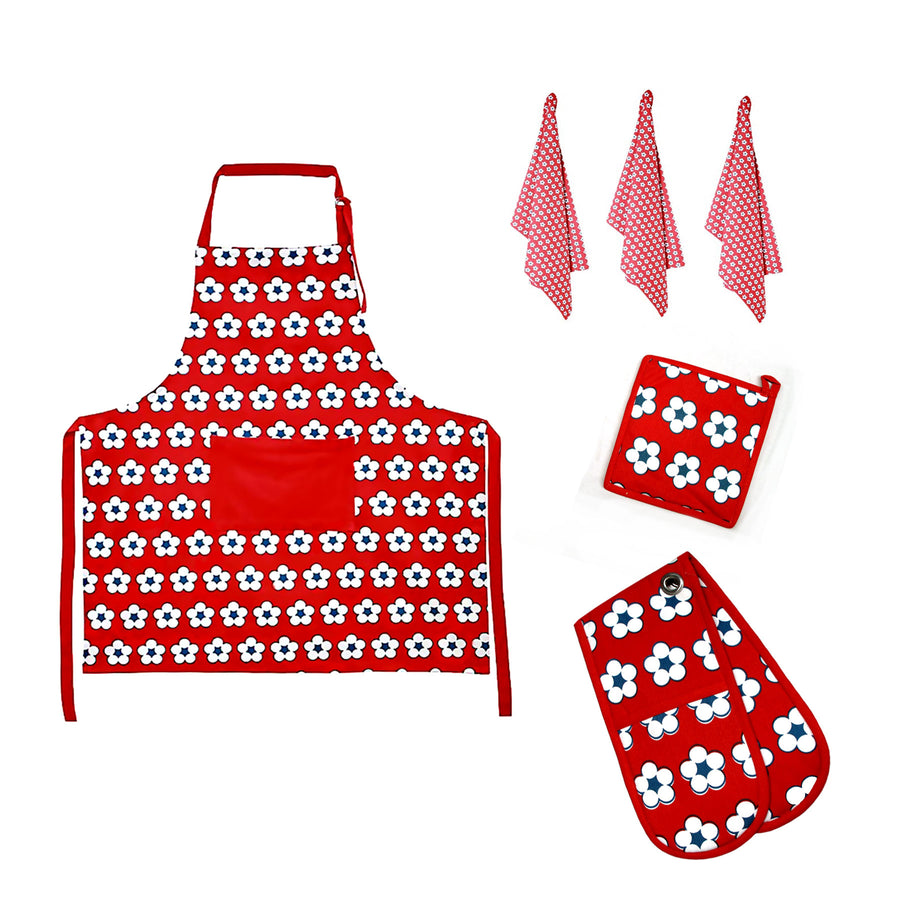 IDC Homewares 6 Pce Cotton Kitchen Set Red - Floral Print, 100% Cotton, Machine Washable - SuperSaverAU - view 1