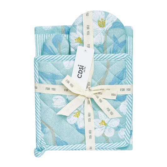 Renee Set of 3 Cotton Cover Kitchen Textile - Floral Design, 60x80cm, Sky Blue
