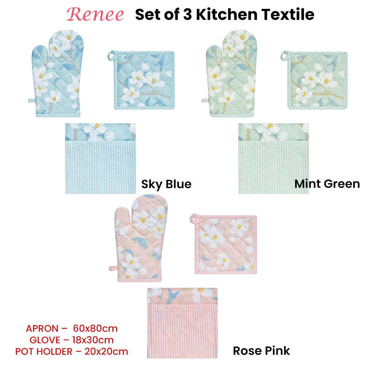 Renee Set of 3 Cotton Cover Kitchen Textile, Floral Print, Mint Green, 60x80cm