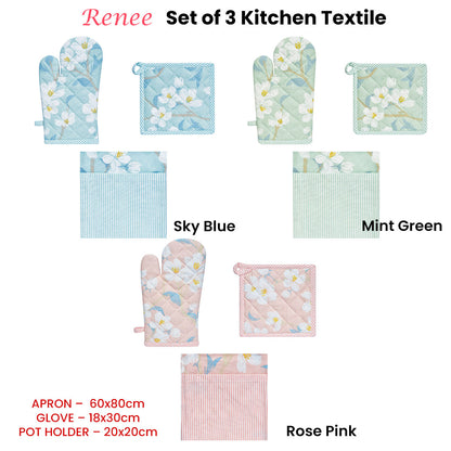 Renee Set of 3 Cotton Cover Kitchen Textile, Floral Print, Mint Green, 60x80cm