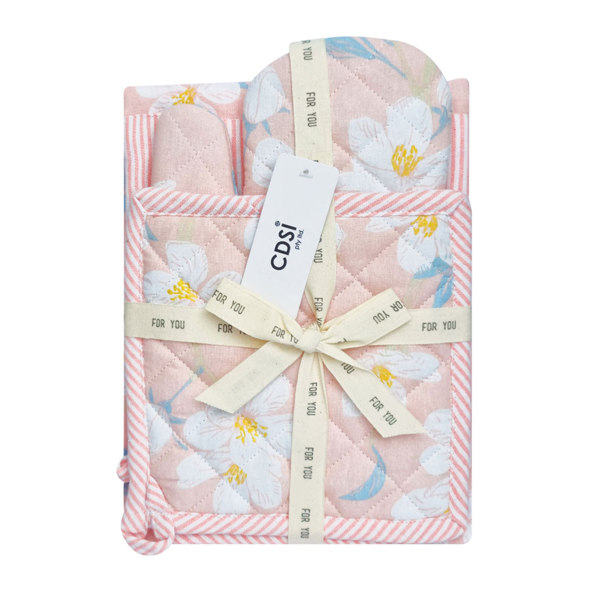 Renee Set of 3 Cotton Cover Kitchen Textile - Rose Pink, Floral Design, 60x80cm