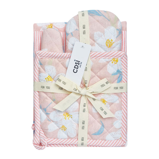 Renee Set of 3 Cotton Cover Kitchen Textile - Rose Pink, Floral Design, 60x80cm