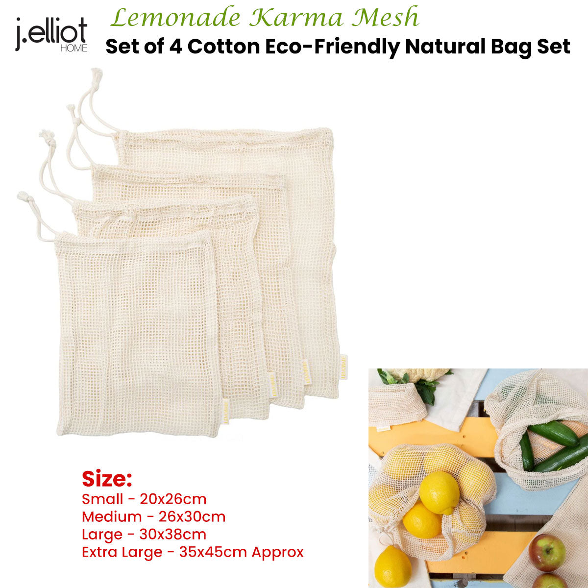 J Elliot Home Lemonade Karma Set of 4 Cotton Eco-Friendly Mesh Storage Bags - SuperSaverAU - view 1