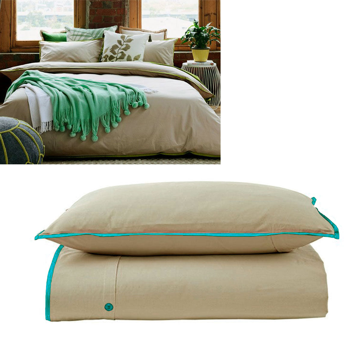Jane Barrington 260TC Cotton Quilt Cover Set Taupe/Emerald Single - SuperSaverAU - view 1