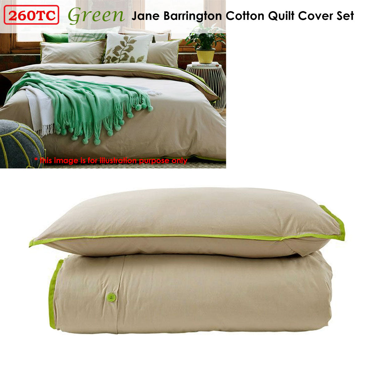 Jane Barrington 260TC 100% Cotton Quilt Cover Set Taupe/Green Queen - SuperSaverAU - view 1