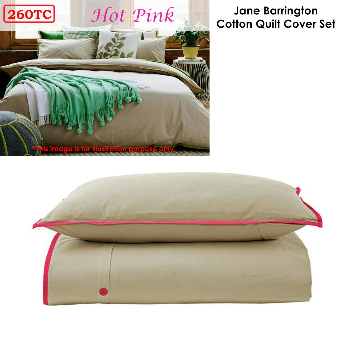 Jane Barrington 260TC 100% Cotton Quilt Cover Set Taupe/Hot Pink Single - SuperSaverAU - view 2
