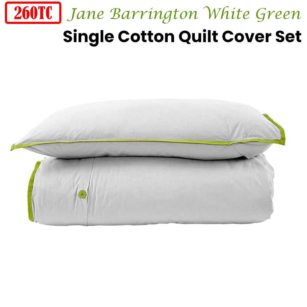 260TC 100% Cotton Quilt Cover Set Single White Green - Soft Touch, Lightweight - SuperSaverAU - view 2